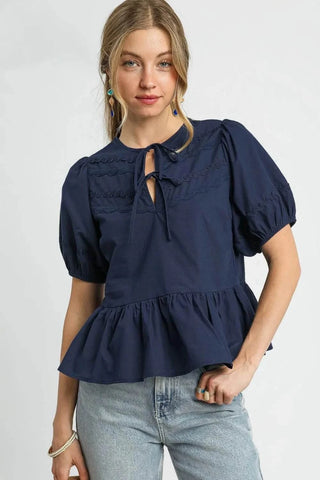 Umgee Tie Front Puff Sleeve Blouse - Just Believe Boutique