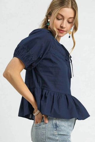 Umgee Tie Front Puff Sleeve Blouse - Just Believe Boutique