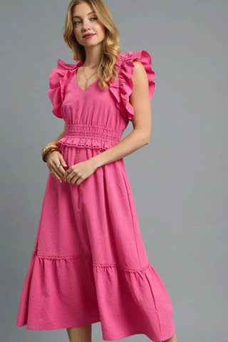 Umgee V-Neck Ruffled Cap Sleeve Midi Dress - Just Believe Boutique