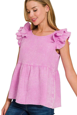 Zenana Double Gauze Acid Washed Tiered Ruffle Peplum Top - Just Believe Boutique