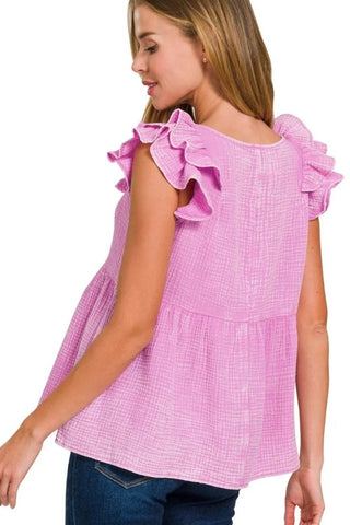 Zenana Double Gauze Acid Washed Tiered Ruffle Peplum Top - Just Believe Boutique