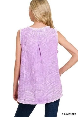 Zenana Double Gauze Raw Edge Acid Washed Tank - Just Believe Boutique