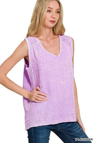 Zenana Double Gauze Raw Edge Acid Washed Tank - Just Believe Boutique