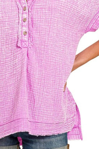 Zenana Washed Double Gauze 3/4 Button Henley Neck Shirt - Just Believe Boutique