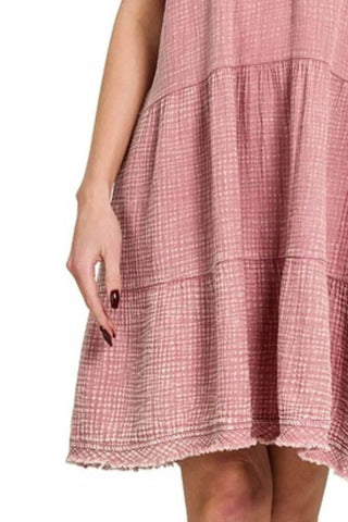 Zenana Washed Double Gauze Raw Edge V-Neck Dress - Just Believe Boutique