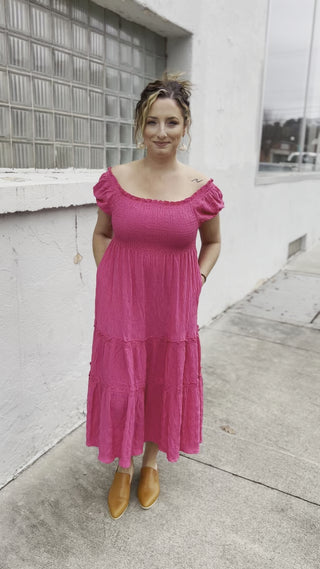 Pink Smocked Midi Dress