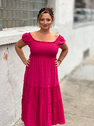 Pink Smocked Midi Dress - Just Believe Boutique