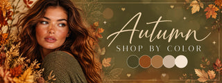 Autumn Shop by Color banner with warm autumn leaves and the Autumn palette of olive, rust, camel, taupe and cream