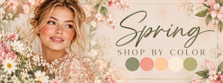 Spring Shop by Color banner with pink blossoms and the Spring palette of sage, coral, peach, cream and olive