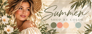 Summer Shop by Color banner with sunlit greenery and the Summer palette of olive, coral, peach, cream and seafoam