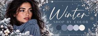 Winter Shop by Color banner with frosted evergreens and the Winter palette of navy, slate blue, lavender grey, ice blue and ivory