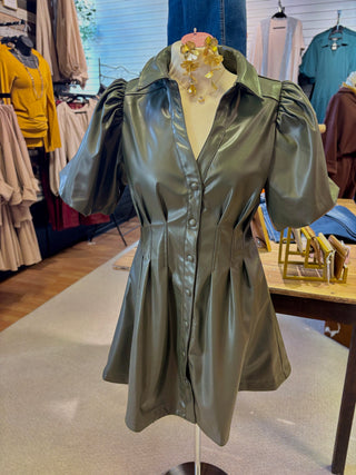 Green Pleather Cinched Waist Dress