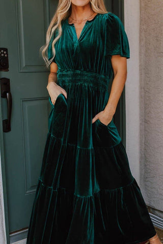 Evergreen Velvet Shirred Waist Maxi Dress