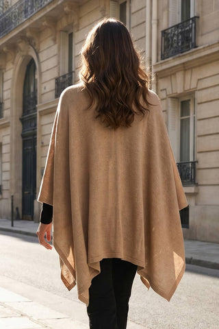 Dear Scarlett cozy sweater knit poncho in Toffee camel tan, back view