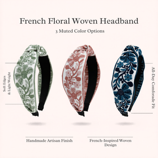 Three floral woven headbands in sage, blush, and navy with embroidered detail