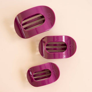 Teleties large flat round hair clip in Mulberry berry purple, shown as a set