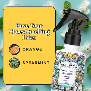 Shoe and foot odor spray bottle with black trigger sprayer, Citrus Mint scent.