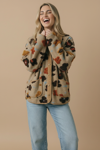 Corduroy Puff Flower Color Block Jacket