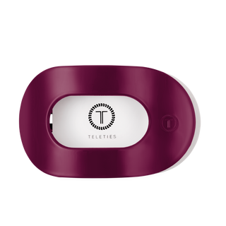 Teleties large flat round hair clip in Mulberry berry purple, packaging and logo detail
