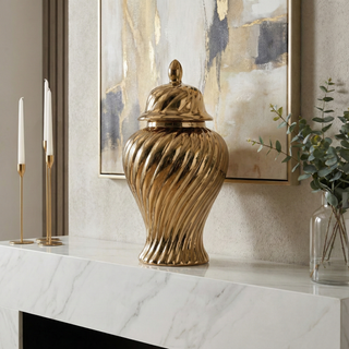 Sagebrook Home - Decorative Jar - Gold Ceramic Swirl Tall Lidded, 20 in.