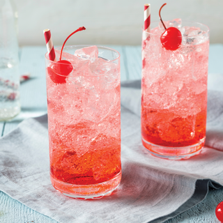 Jordan's Skinny Mixes Shirley Temple soda syrup drink: cherry soda in two glasses with striped straws and ice
