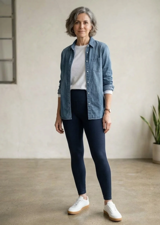 Elietian Ribbed High Waist Leggings in Navy with a white tee and denim shirt