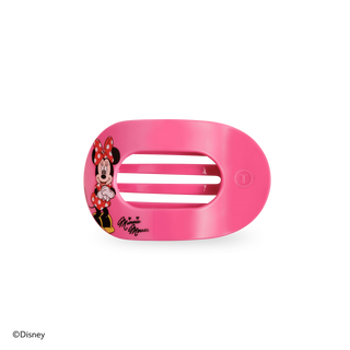 Pink round hair clip with Minnie Mouse character art and a 3-slot center.
