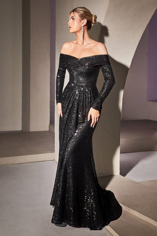 SEQUIN OFF THE SHOULDER LONG SLEEVE GOWN: Lapis Blue / M