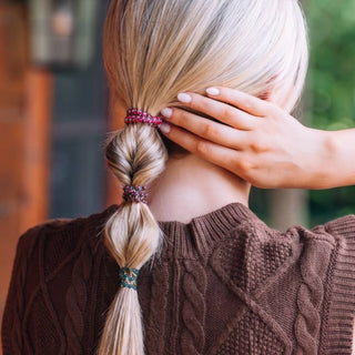 Teleties small spiral hair ties in Harvest Hues teal, berry plaid and burgundy, shown in hair