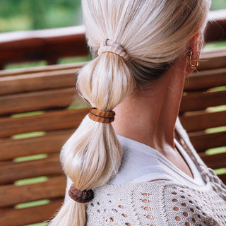 Teleties small nylon hair ties in Espresso Yourself brown, shown in hair