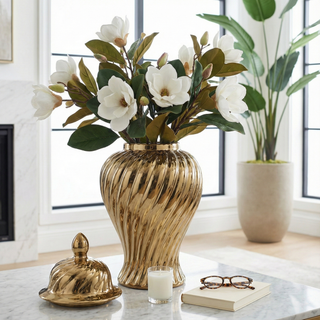 Sagebrook Home - Decorative Jar - Gold Ceramic Swirl Tall Lidded, 20 in.