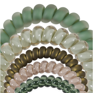 Teleties mixed spiral hair ties in Mossy Moments olive and sage green, shown as a set