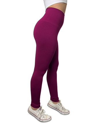 Elietian Ribbed High Waist Leggings in Berry, side view