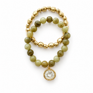 Marbled bead stretch bracelets set of 2 in olive green with gold coin crystal charm
