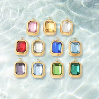 The Charm Bar Company - Gold Emerald Cut Assorted Gemstone Charm | Waterproof Stainless Steel