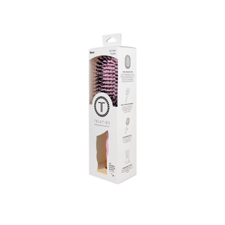 TELETIES bubblegum pink boar bristle hair brush retail box packaging, front and side panels