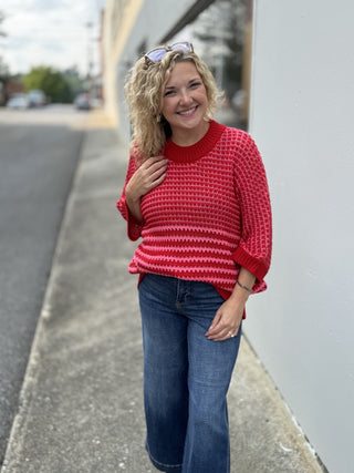 Color Block Draped Sleeve Sweater – Red Stripe – model photo