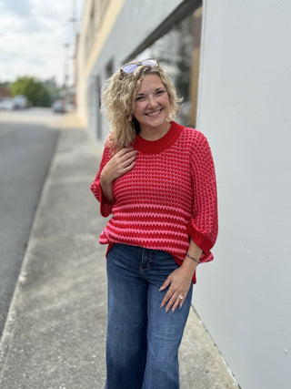 Color Block Draped Sleeve Sweater – Red Stripe – model photo