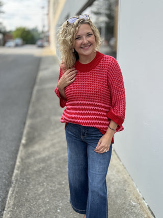 Color Block Draped Sleeve Sweater – Red Stripe – model photo