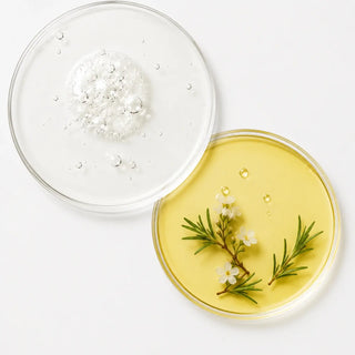 Two sample dishes: clear bubbly lather and yellow oil with rosemary and white flowers