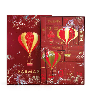 Farmasi beauty advent calendar with numbered doors and balloon artwork
