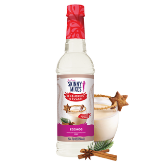 Jordan's Skinny Mixes Sugar Free Eggnog Syrup – sugar-free eggnog syrup bottle with a red patterned cap and a seasonal label beside an eggnog drink