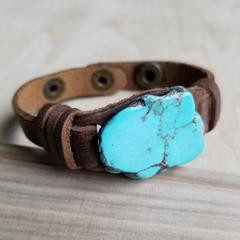 Blue Turquoise Slab on Narrow Leather Cuff