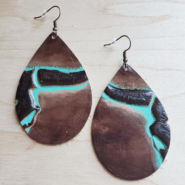 Leather Earrings in Brown/Turquoise Steer Heads - JustBelieve.Boutique