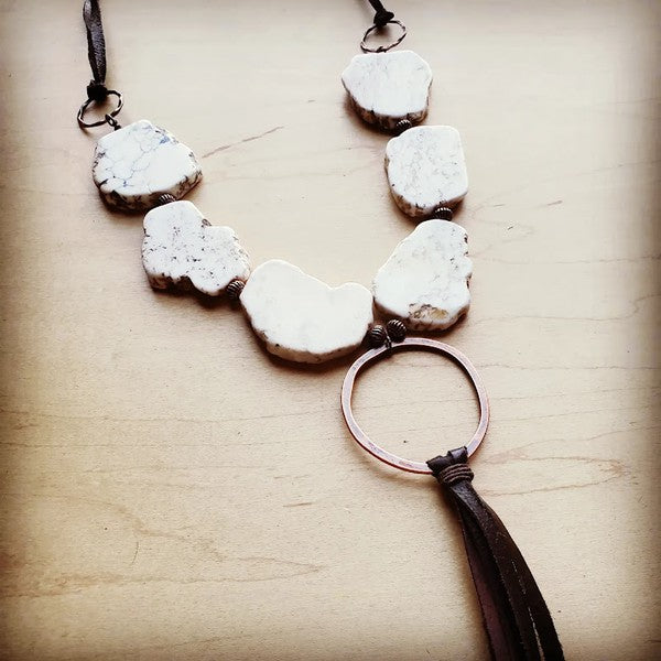 White Turquoise Necklace with Long Leather Tassel