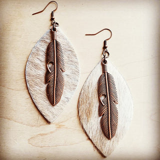 Leather Oval Earrings in Hair with Copper Feather - JustBelieve.Boutique