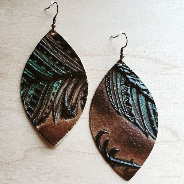 Leather Oval Earrings in Tan/Turquoise Feathers - JustBelieve.Boutique