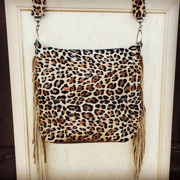 Tejas Leather Bucket Leopard bag with Tan Fringe