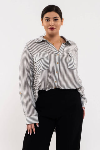 PLUS STRIPE COLLARED BUTTON DOWN LIGHTWEIGHT SHIRT: BLUE