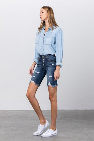 Frayed Raw Hem Ripped Bermuda Shorts